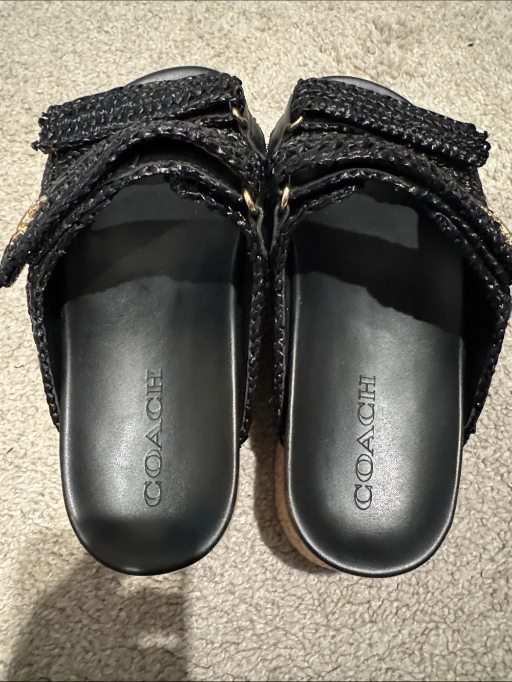 Coach Black Raffia Cork Platform Slide Sandals